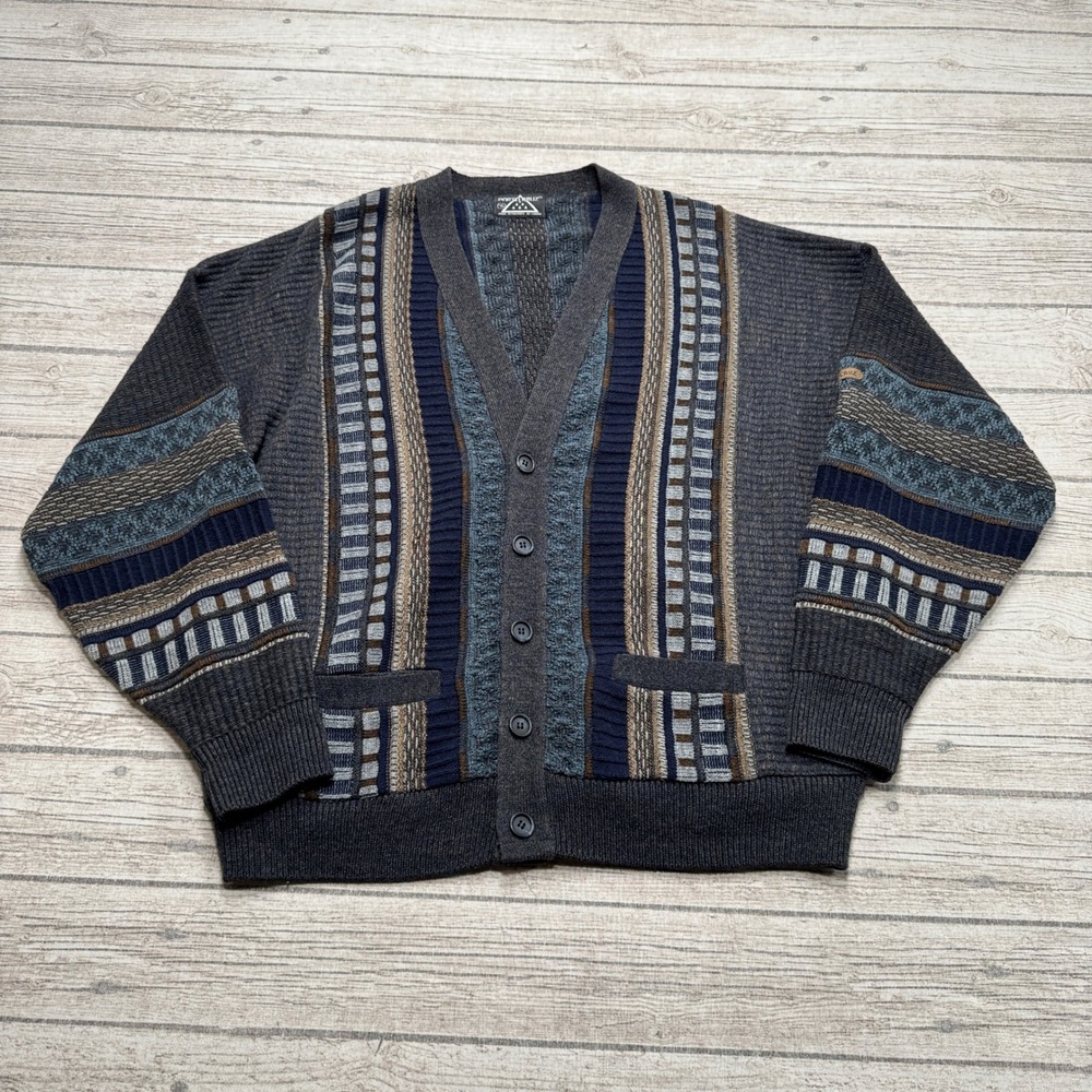 Vintage 90s Porto Cruz Sweater Men's XL Gray Blue Striped Knitted V-Neck Canada